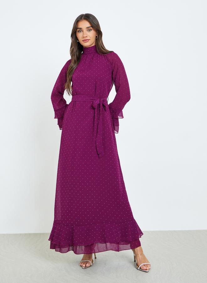 ستايلي فستان طويل بأكمام مكشكشة وتفاصيل مرصعة - Image 2